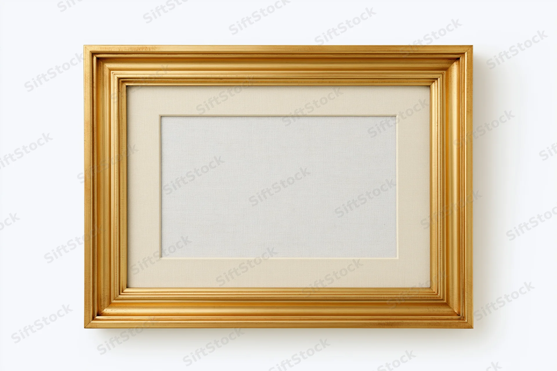 Empty classic gold picture frame with pale linen mat on white background
