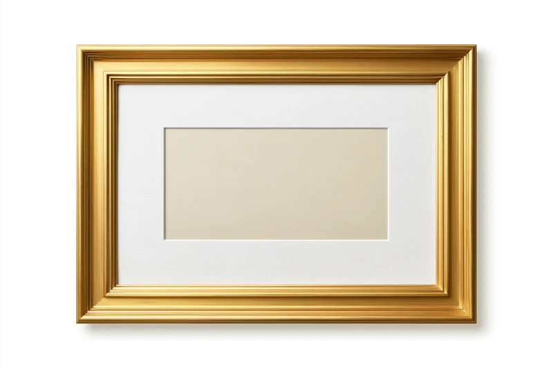 Empty classic gold picture frame with pale linen mat on white background