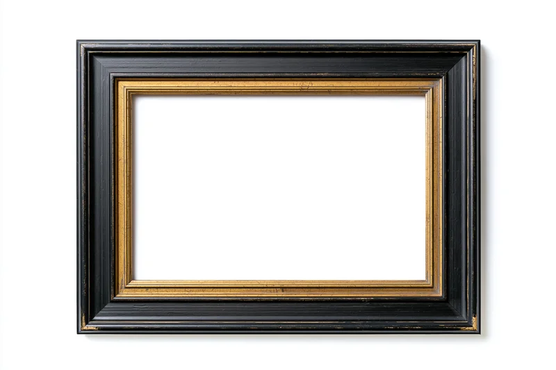 Empty classic wooden picture frame with black and gold finish isolated on white background