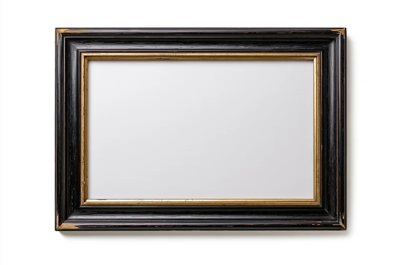 Empty classic wooden picture frame with black and gold finish isolated on white background
