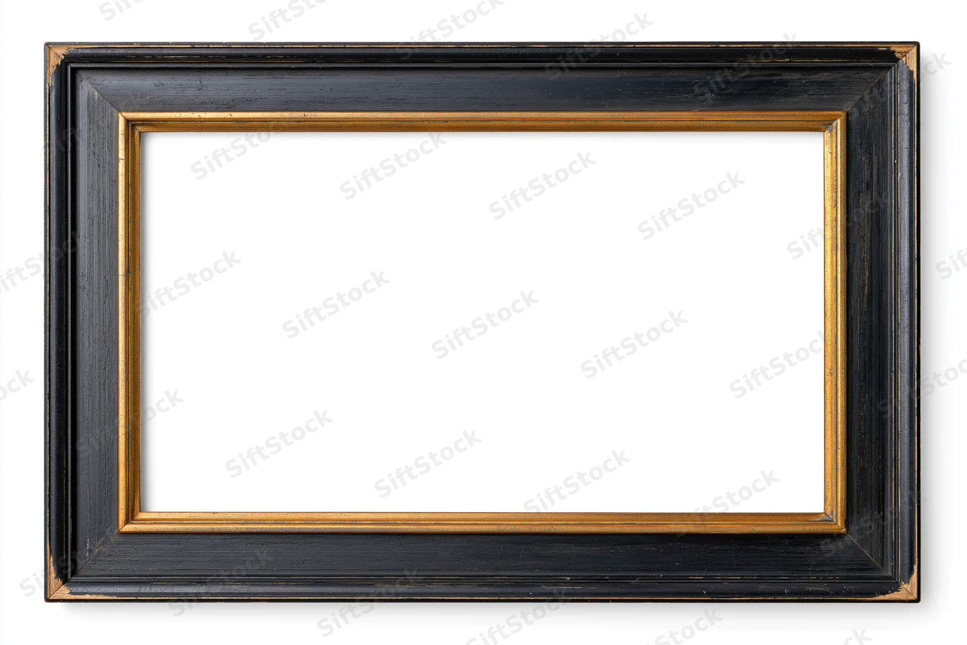 Empty classic wooden picture frame with black and gold finish isolated on white