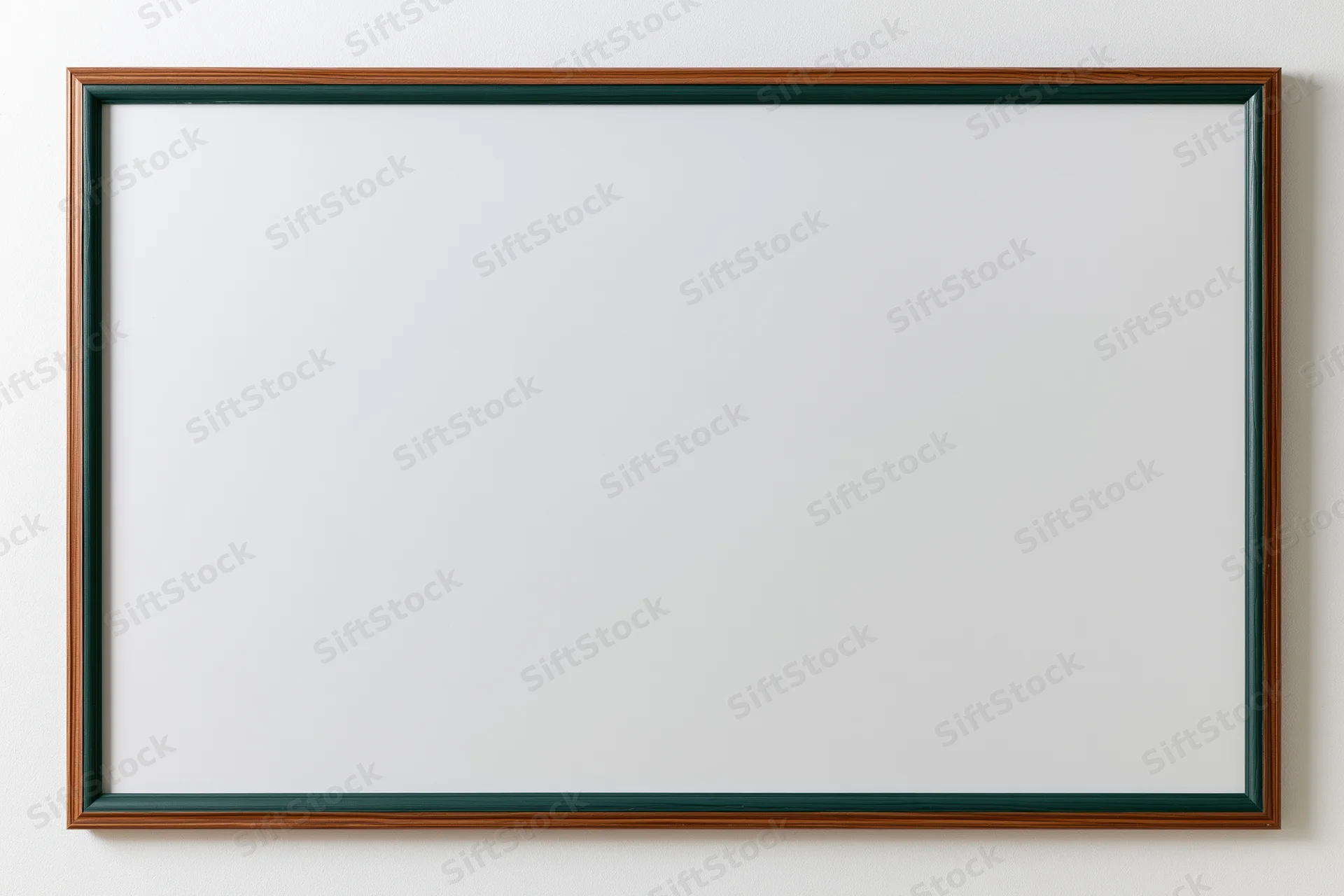 Empty dark green chalkboard with white surface mounted on a wall