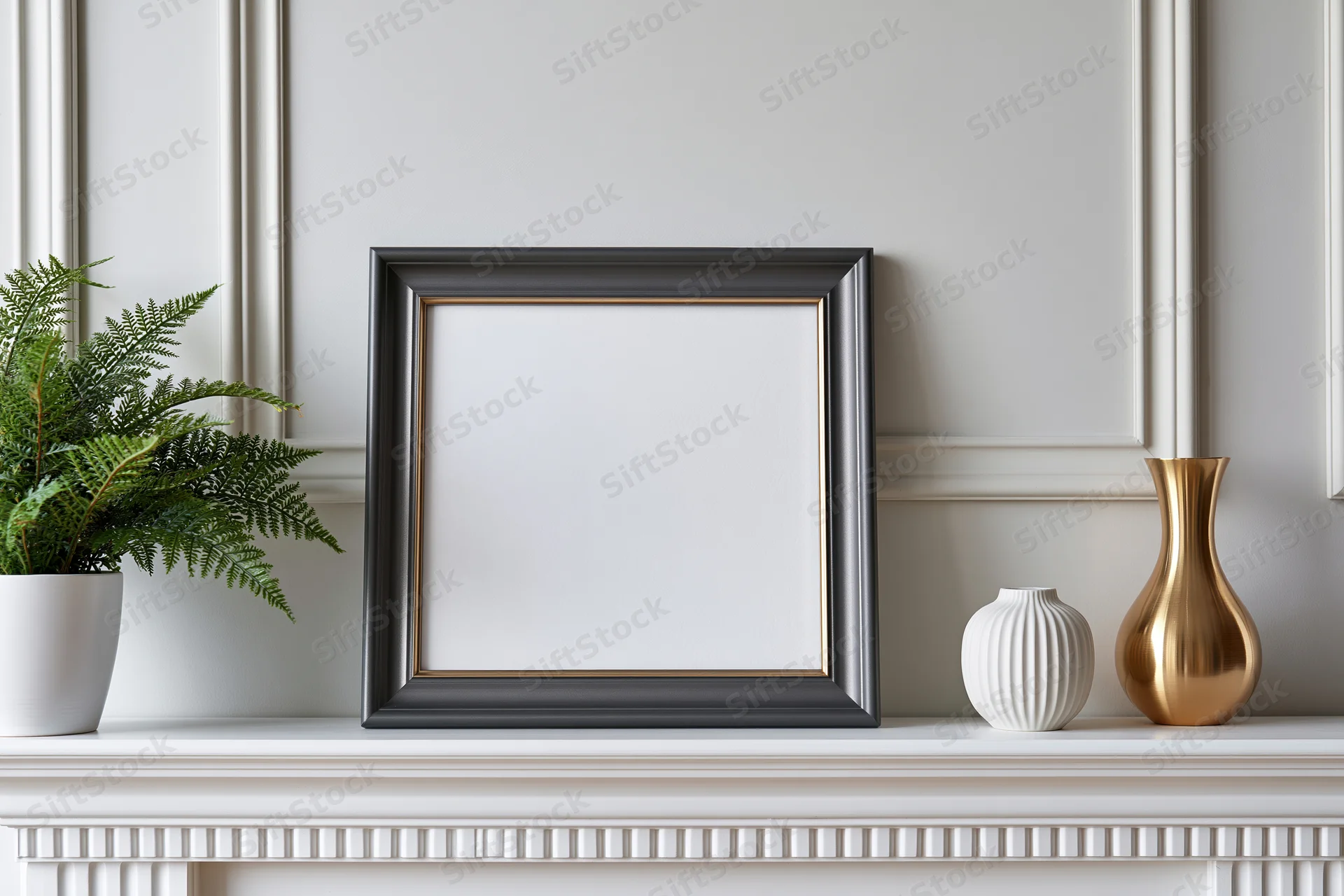 Empty dark grey frame with gold trim on white mantelpiece beside fern and vases