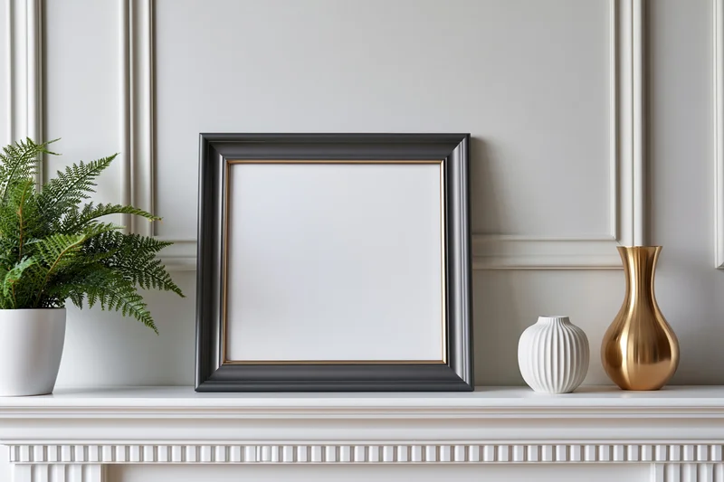 Empty dark grey frame with gold trim on white mantelpiece beside fern and vases