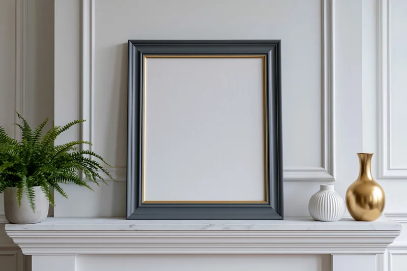 Empty dark grey frame with gold trim on white marble mantle beside fern and vases