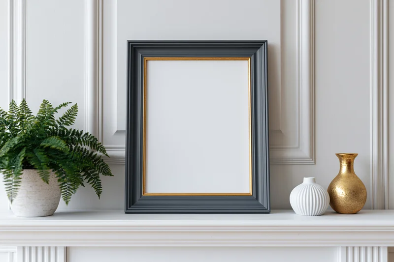 Empty dark grey frame with gold trim on white mantel beside fern and vases