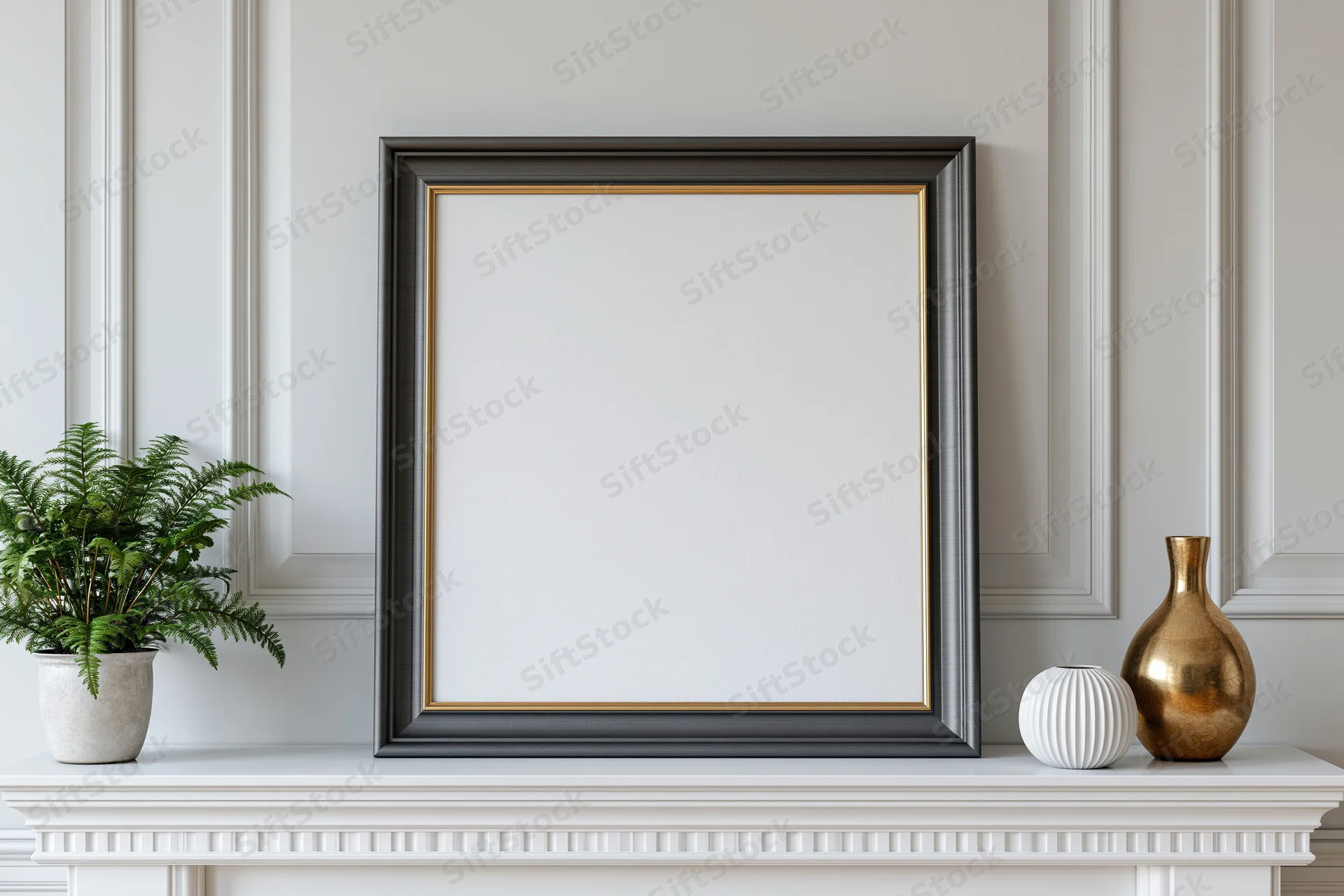 Empty dark grey frame with gold trim on white mantel beside potted fern and decorative vases