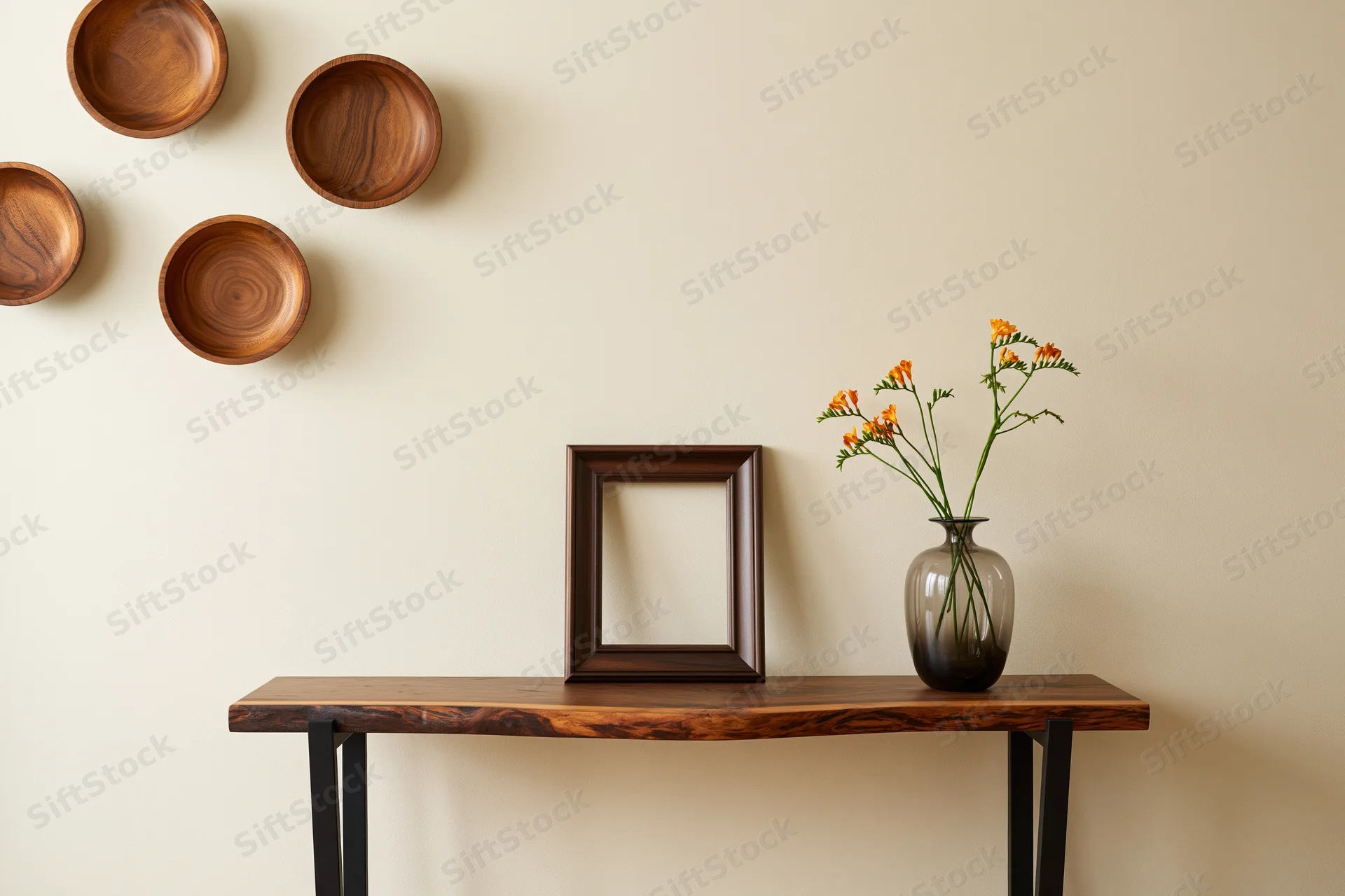 Empty dark walnut frame leaning against cream wall beside vase with orange flowers on wooden console table