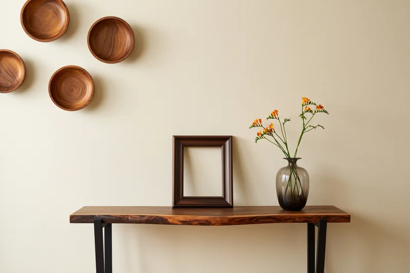 Empty dark walnut frame leaning against cream wall beside vase with orange flowers on wooden console table
