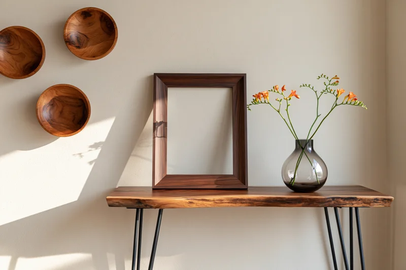 Empty dark walnut frame leaning against cream wall on wooden console table with glass vase of orange flowers and hanging wooden bowls