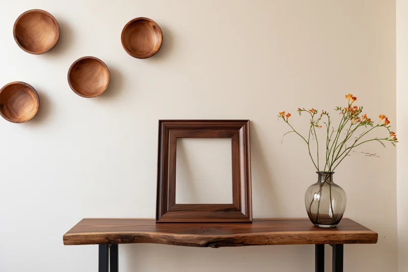 Empty dark walnut picture frame leaning against cream wall on wooden console table with glass vase of orange flowers and hanging wooden bowls