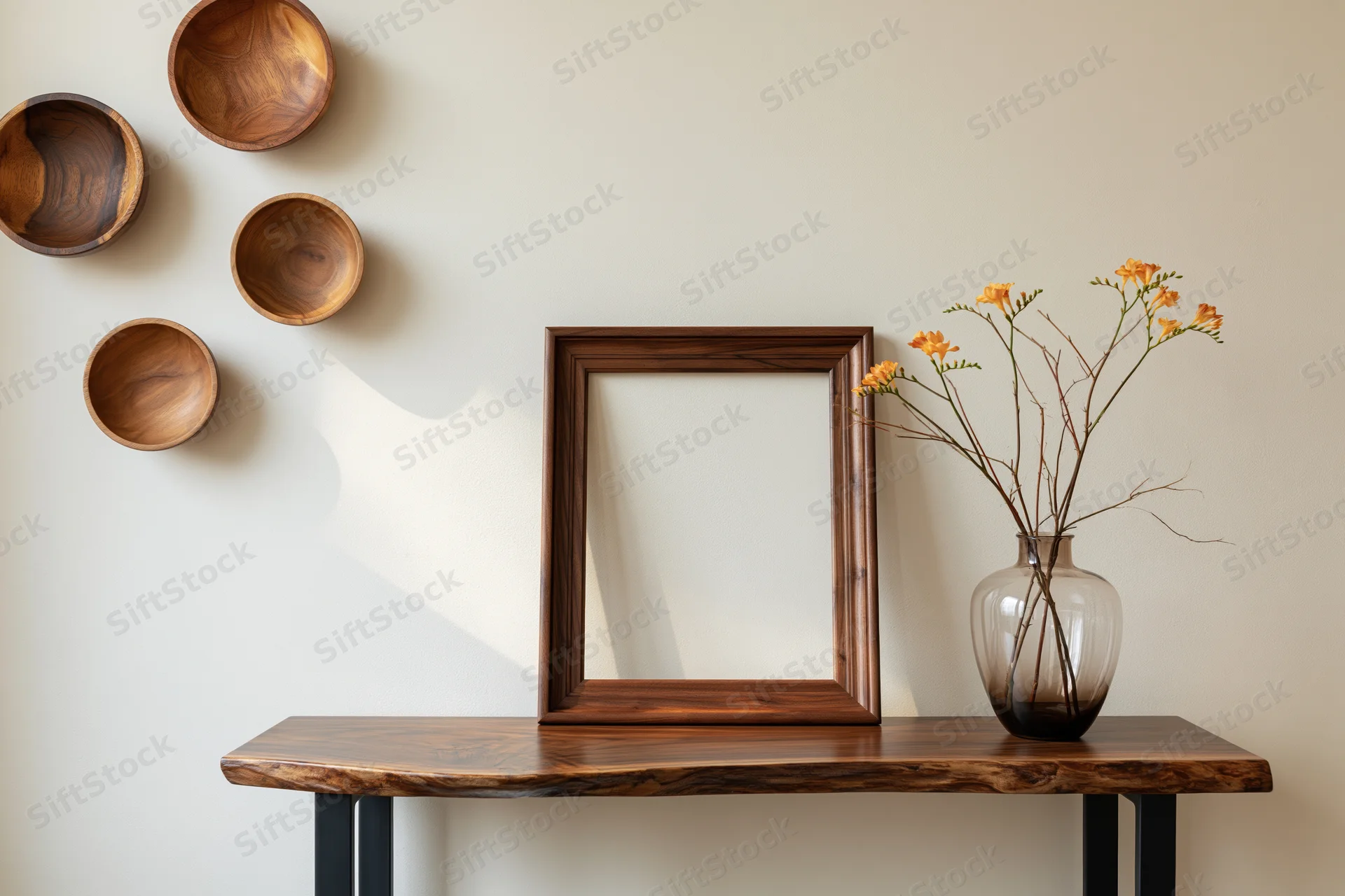 Empty dark walnut picture frame leaning against cream wall on wooden console table with glass vase of orange flowers and hanging wooden bowls