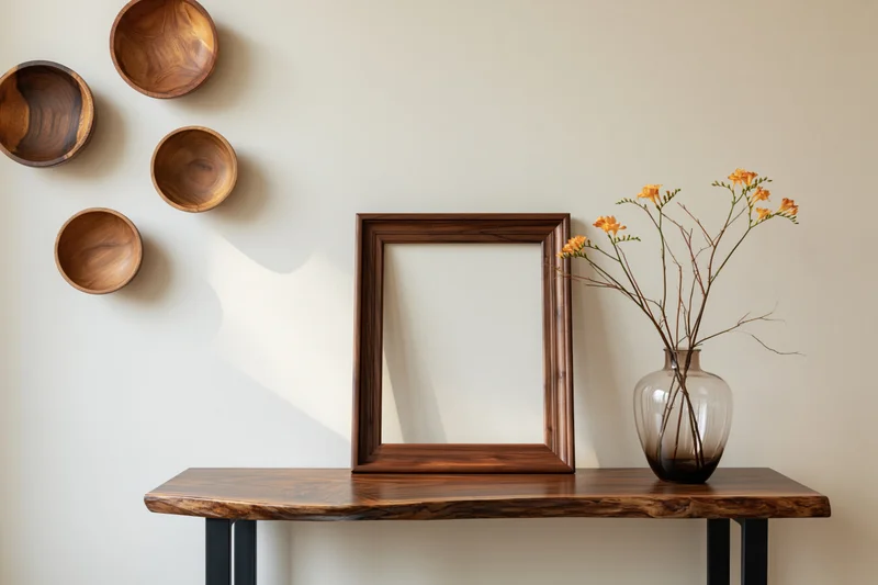 Empty dark walnut picture frame leaning against cream wall on wooden console table with glass vase of orange flowers and hanging wooden bowls