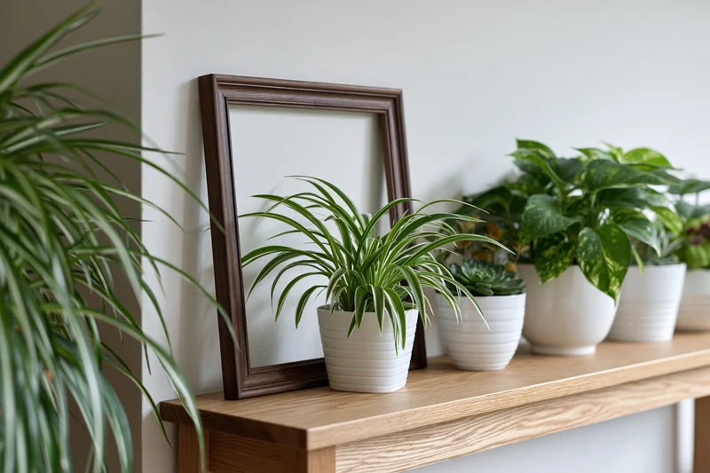 Dark walnut frame leaning against white wall on wooden shelf with potted plants arranged beside it