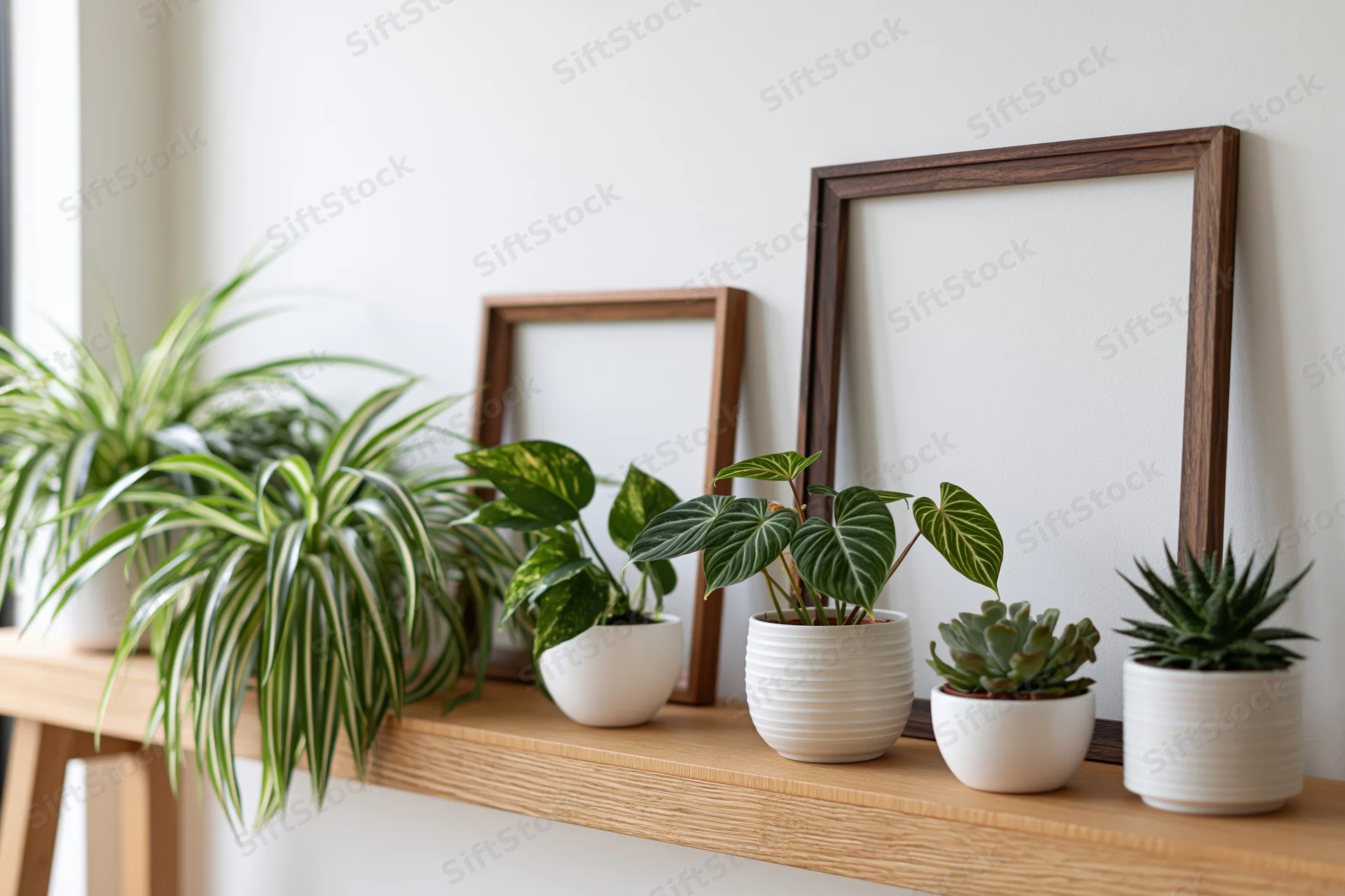 Wooden shelf with potted plants and empty dark walnut frames against white wall