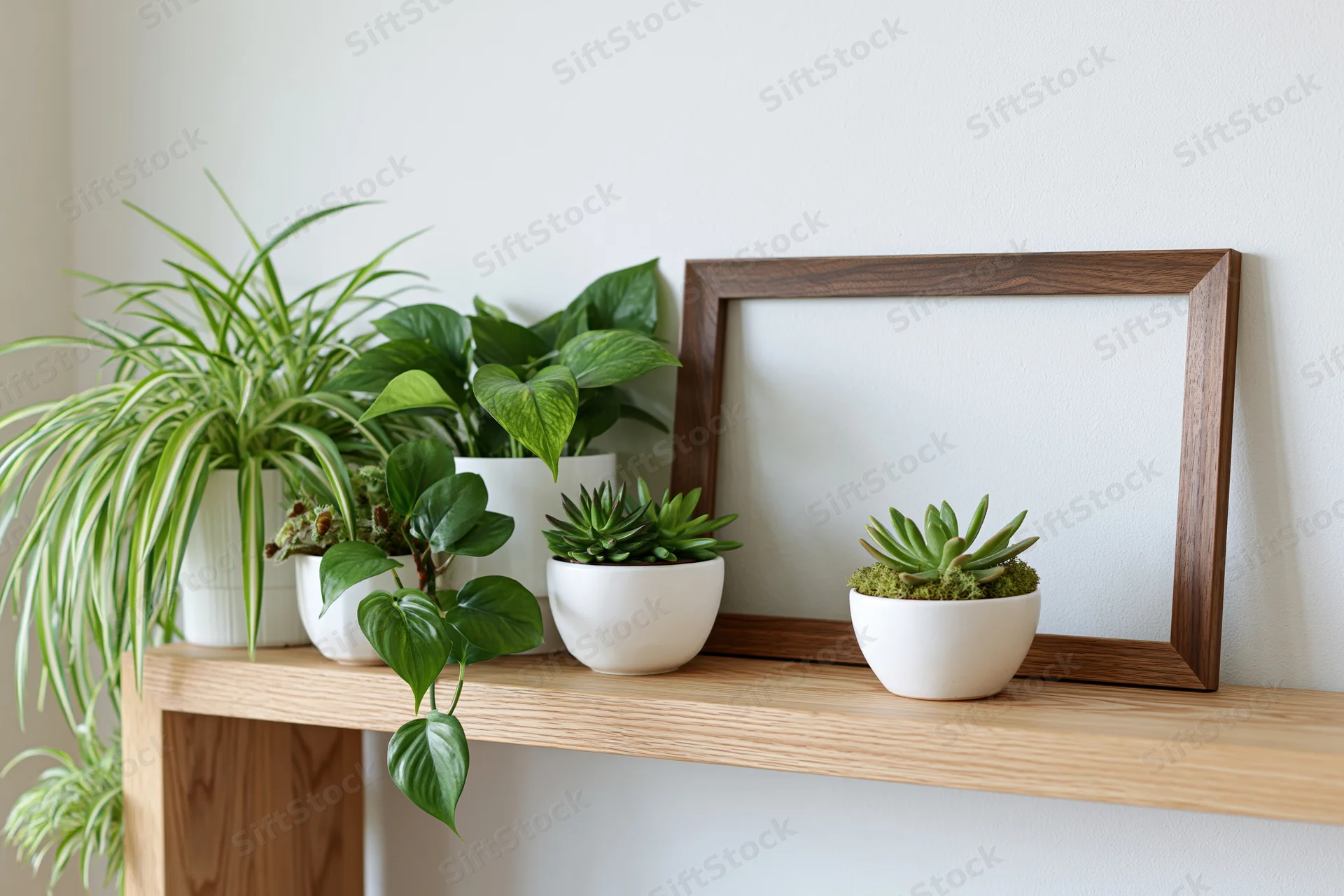 Dark walnut frame leaning against white wall on wooden shelf with potted plants arranged beside it