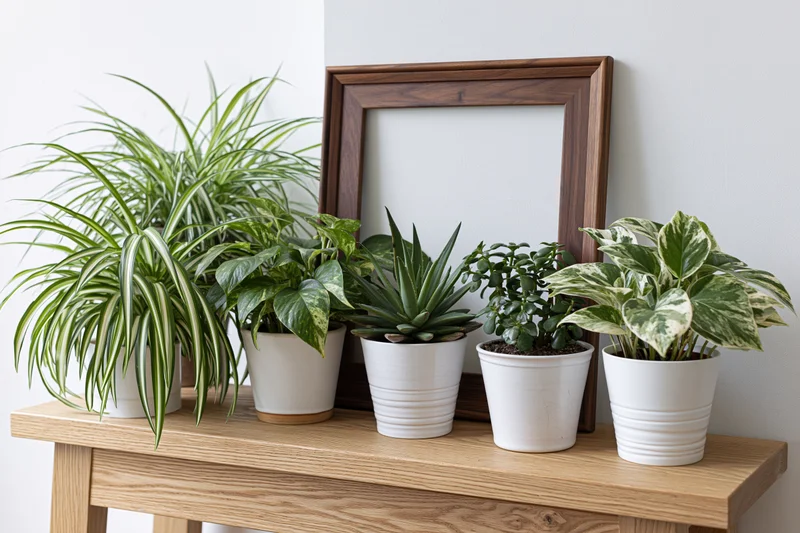 Empty dark walnut frame leaning against white wall with potted houseplants arranged on wooden table in front