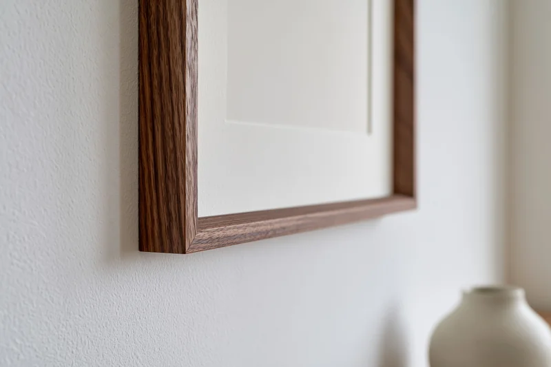 Dark walnut wood picture frame with white mat hanging on a white wall near a ceramic vase