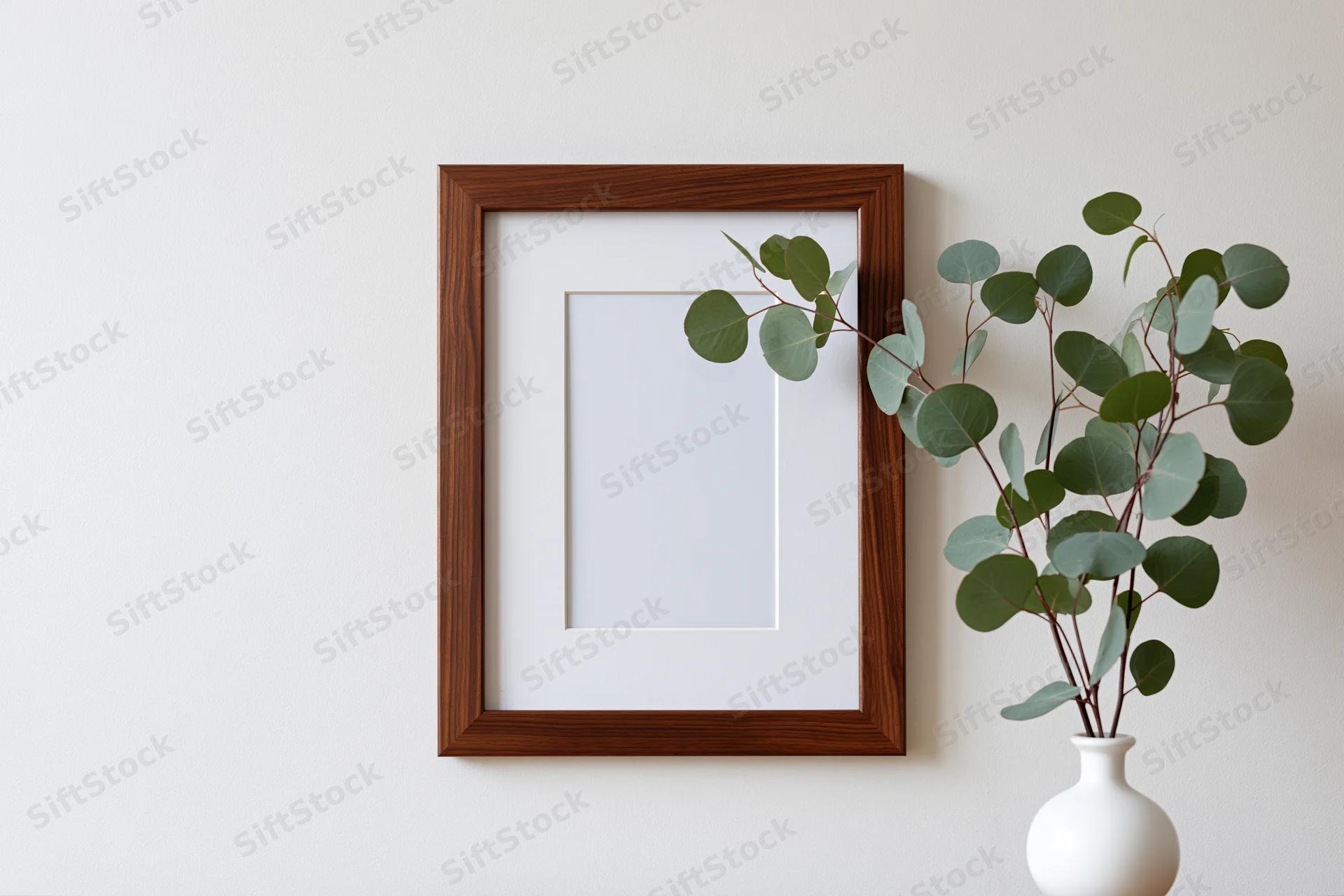 Empty dark walnut wooden picture frame with white mat hanging on white wall beside white vase with eucalyptus branches