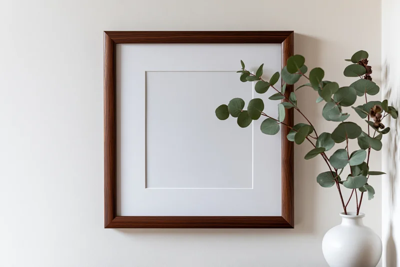 Empty dark walnut wooden picture frame with white mat hanging on a white wall beside a white vase with eucalyptus branches