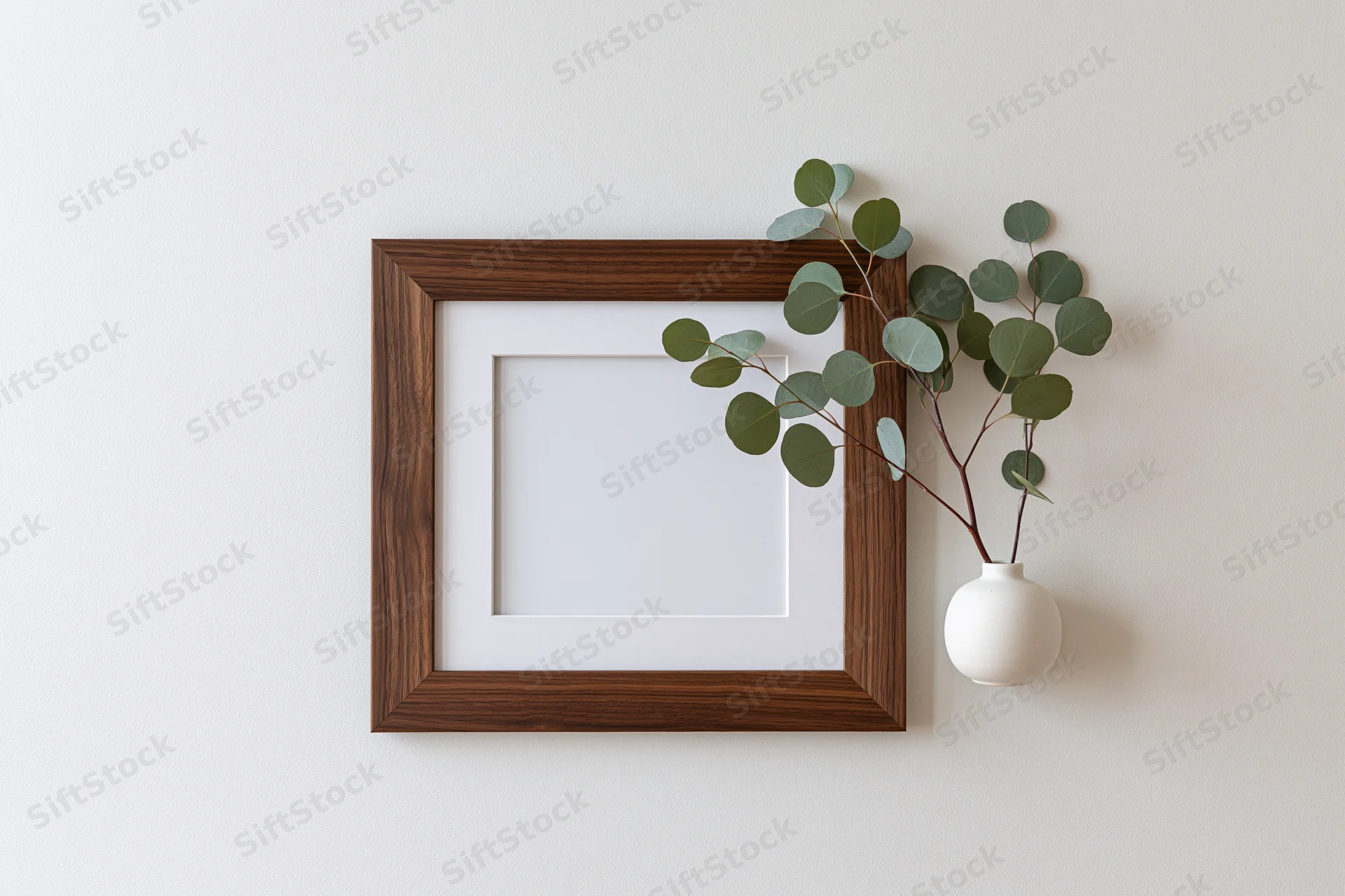 Empty dark walnut wooden picture frame with white mat hanging on white wall beside ceramic vase with eucalyptus branches