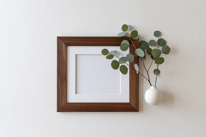 Empty dark walnut wooden picture frame with white mat hanging on white wall beside ceramic vase with eucalyptus branches