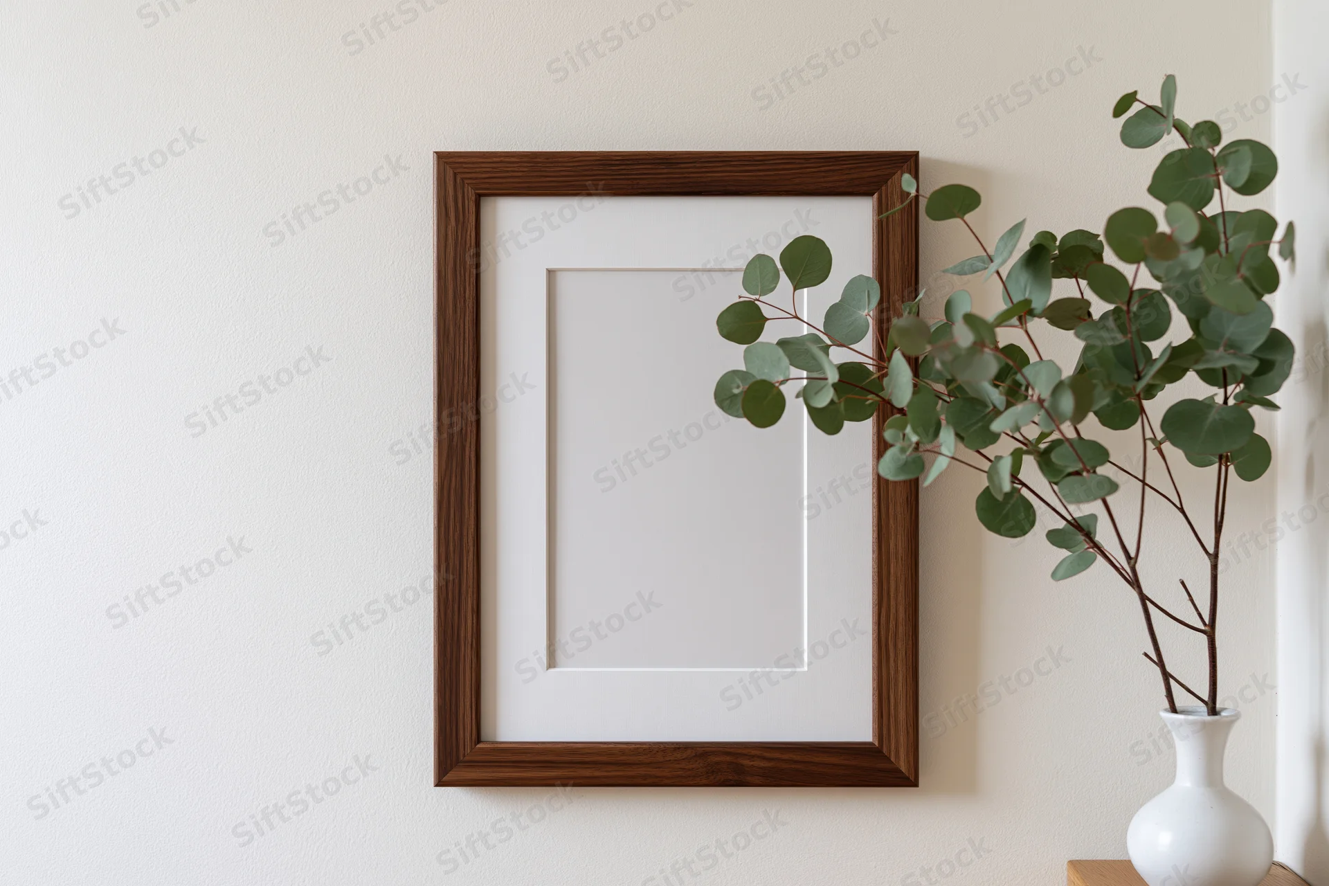 Empty dark walnut wooden picture frame with white mat hanging on a wall beside a white vase with eucalyptus branches