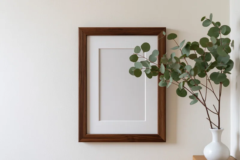 Empty dark walnut wooden picture frame with white mat hanging on a wall beside a white vase with eucalyptus branches