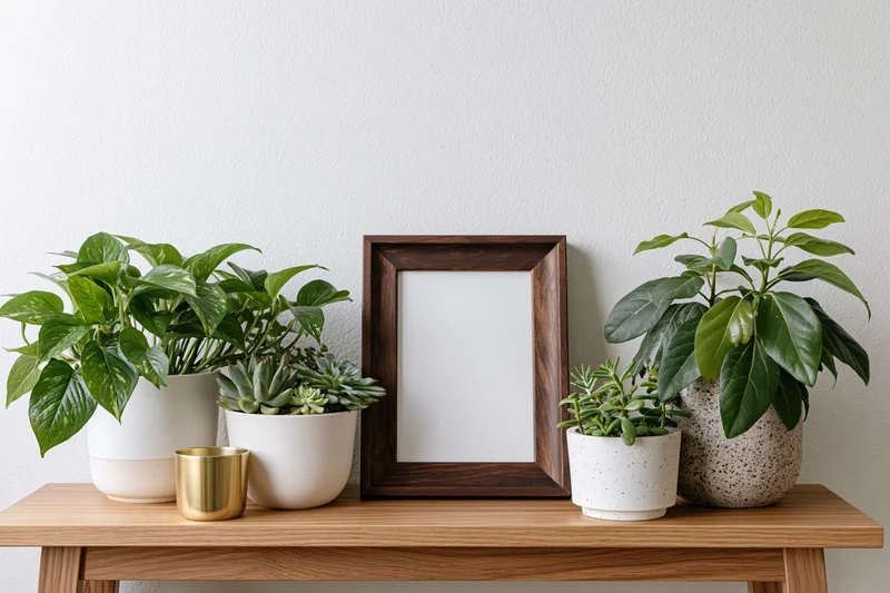 Empty dark wood picture frame standing on light oak table with potted plants and a gold cup arranged around it