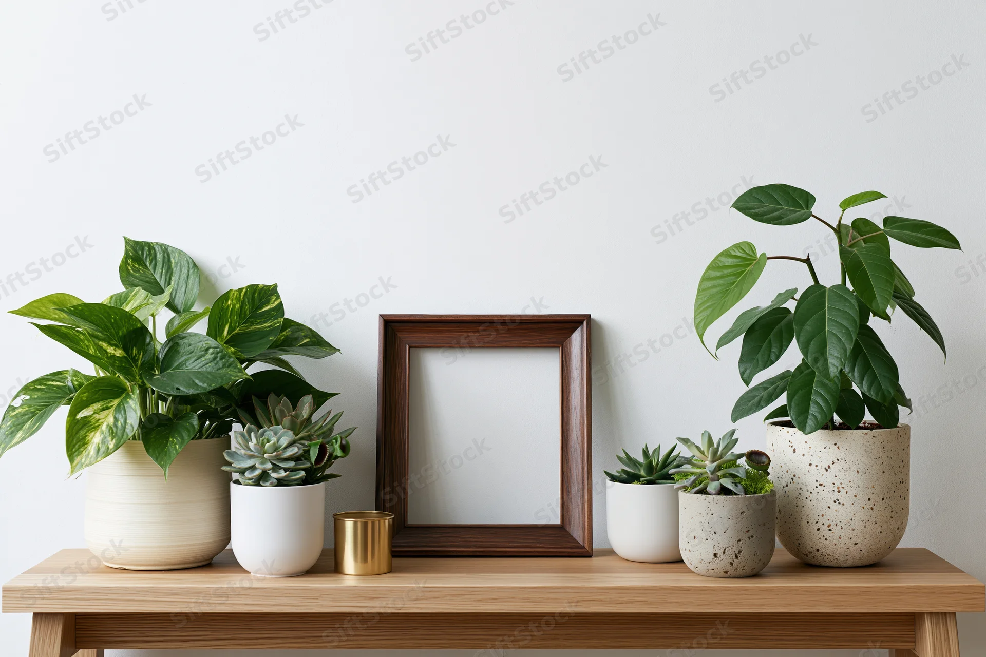 Empty dark wood picture frame standing on light oak console table with potted plants and ceramic pots arranged around it
