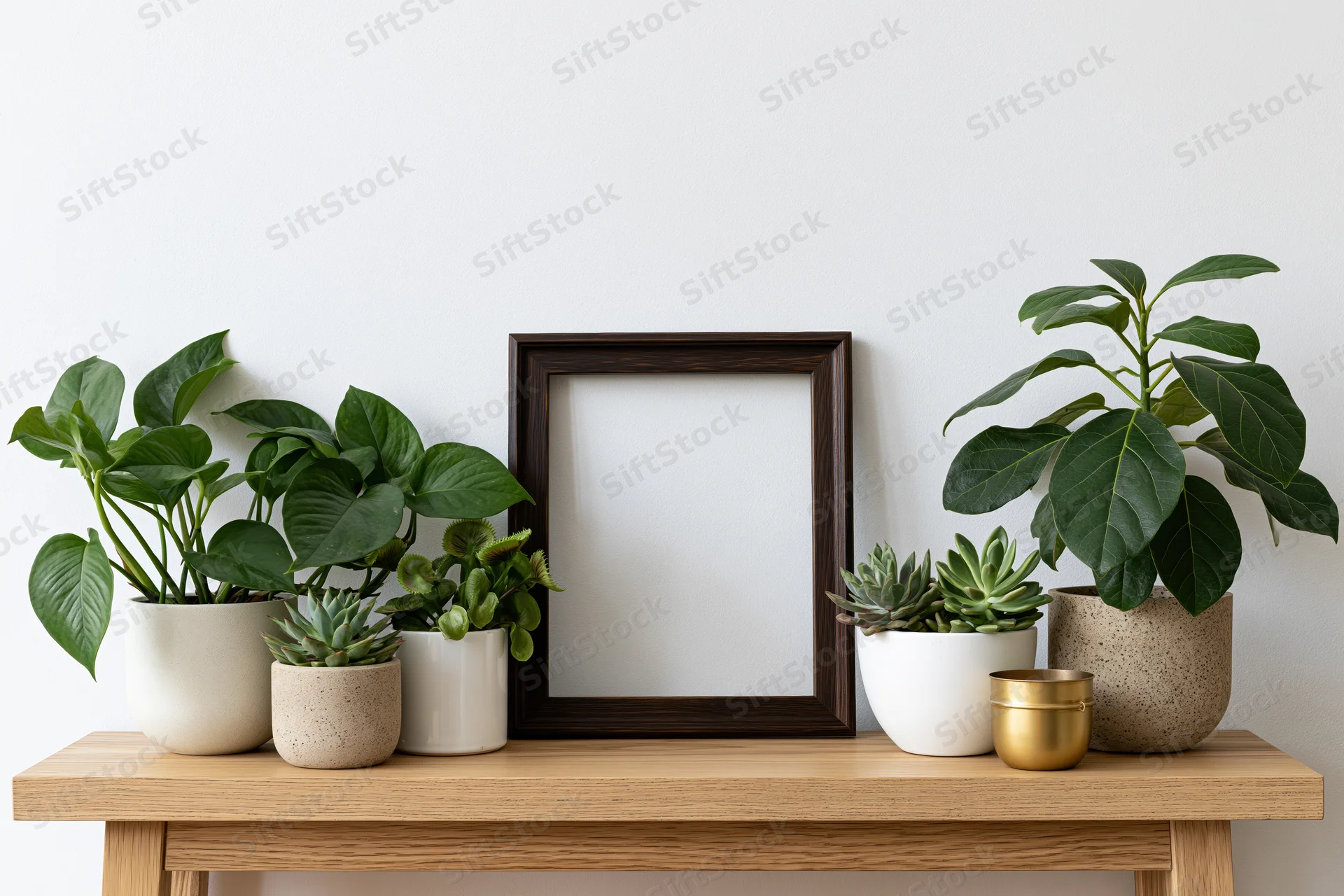 Empty dark wood frame on wooden table with potted plants arranged around it
