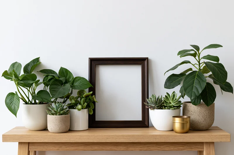 Empty dark wood frame on wooden table with potted plants arranged around it