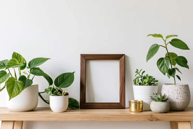 Empty dark wood picture frame standing on light oak shelf with potted plants and decor items