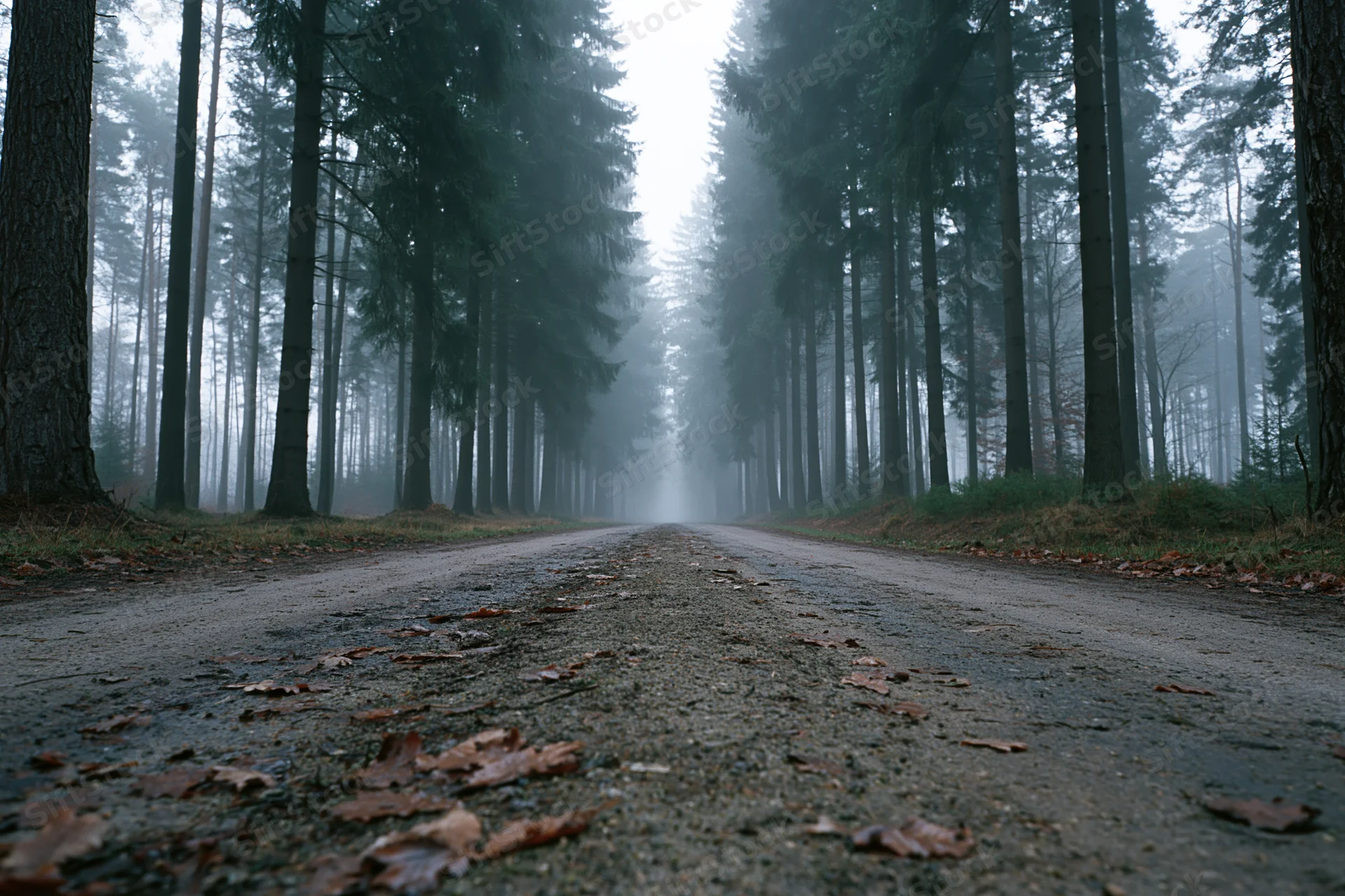 Dirt road receding into foggy forest lined with tall pine trees