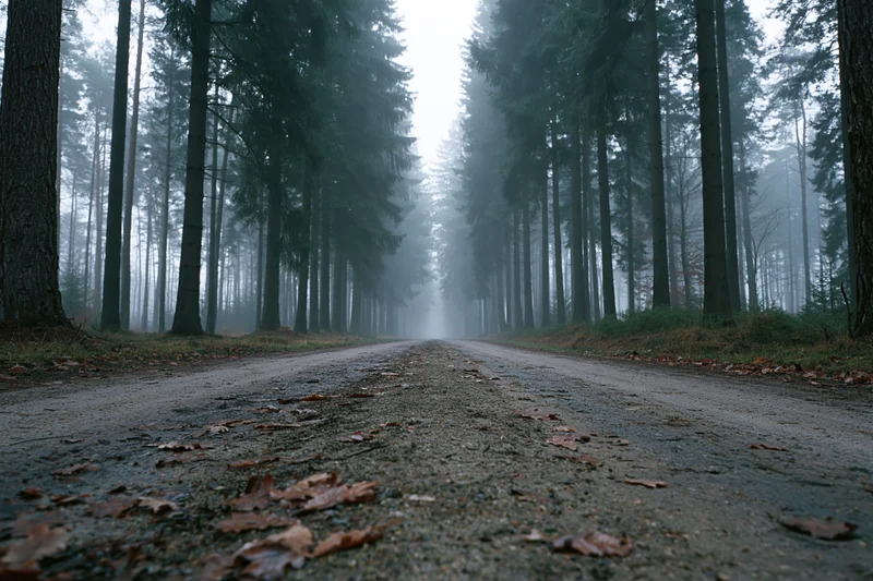 Dirt road receding into foggy forest lined with tall pine trees