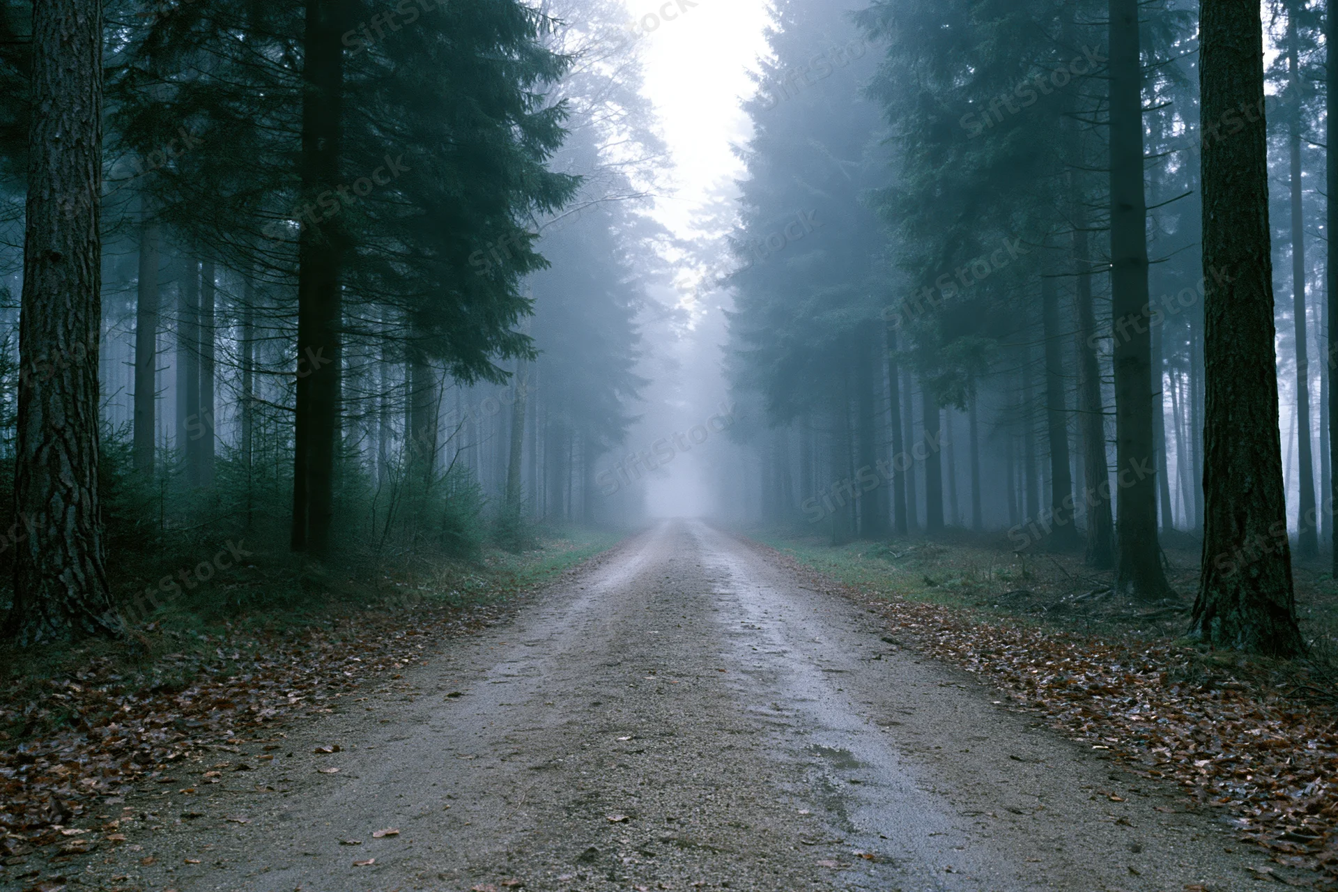 Dirt road receding into foggy forest lined with tall pine trees