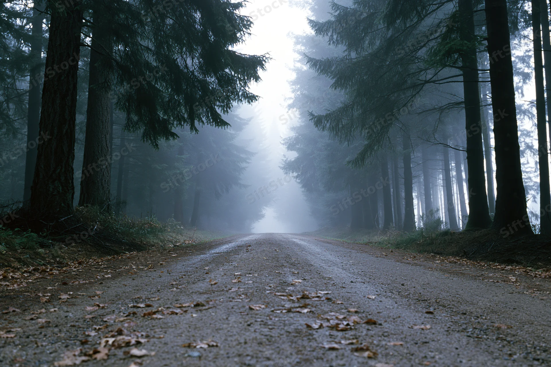 Dirt road receding into foggy forest lined with tall pine trees