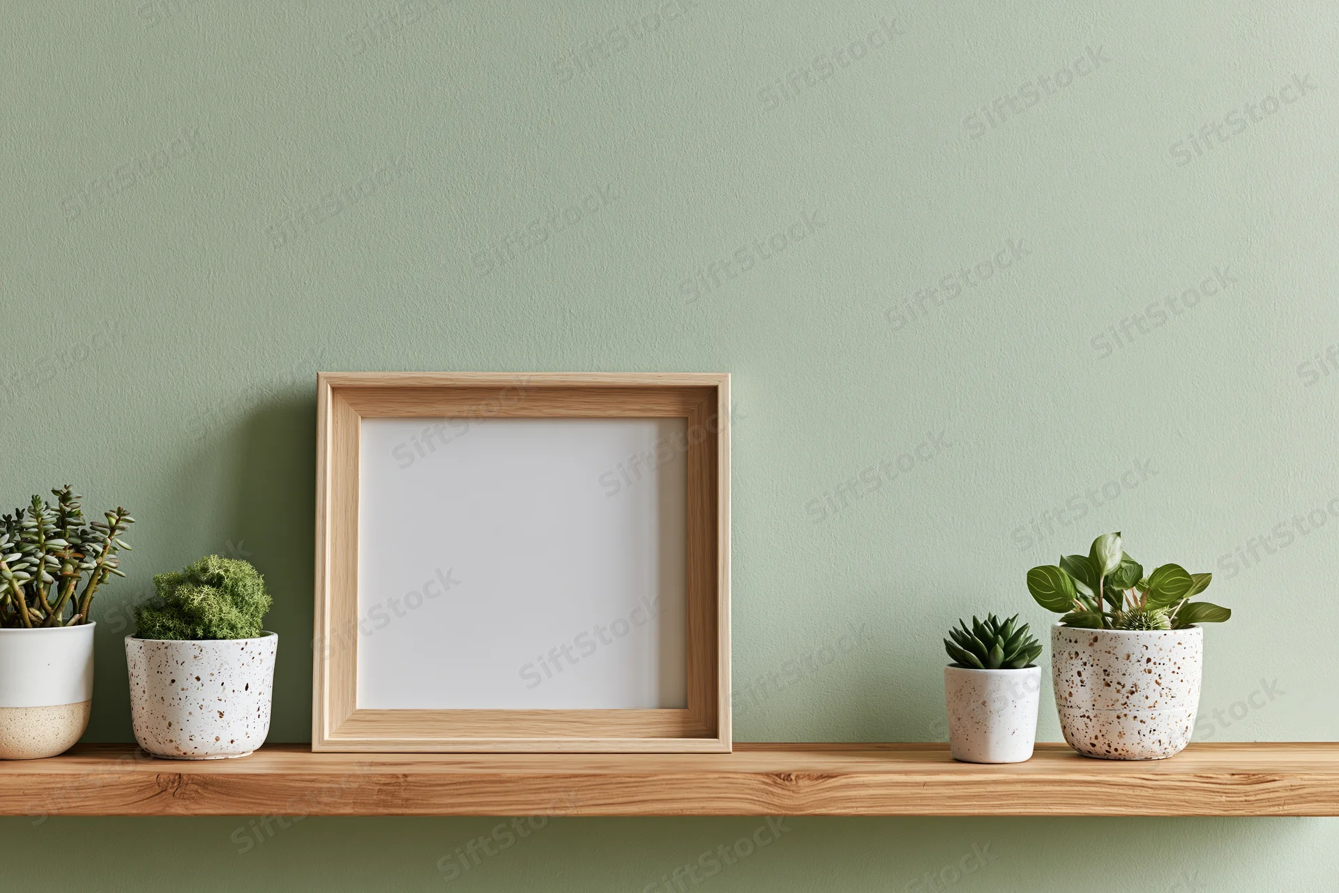 Empty wooden frame on a shelf with potted succulents against a sage green wall