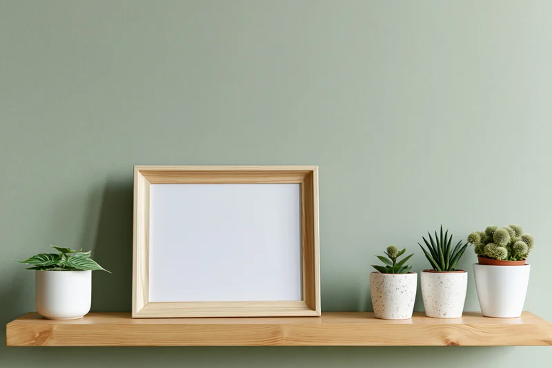 Empty wooden frame on a shelf with potted plants against a sage green wall