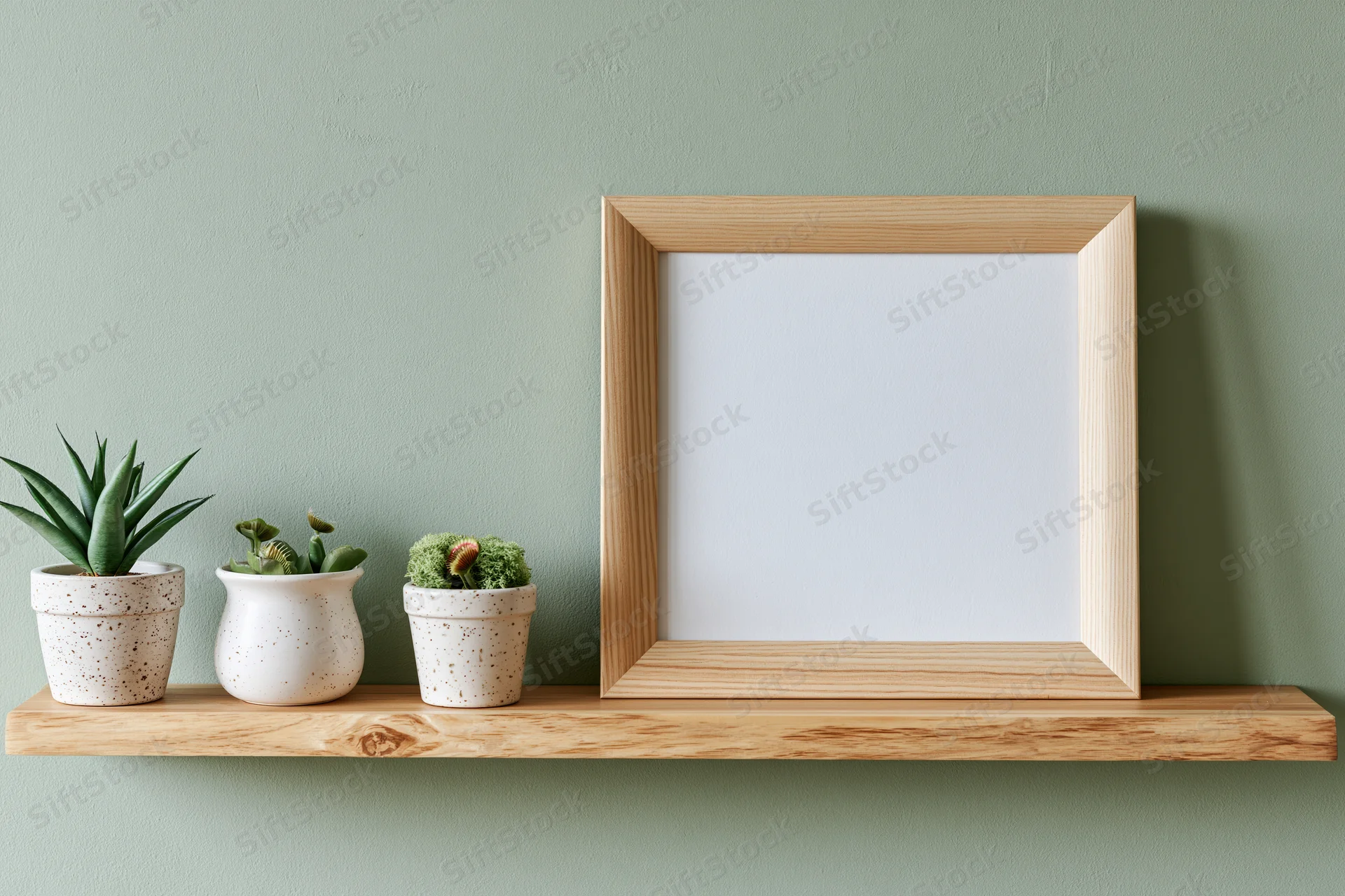 Wooden frame leaning on shelf with potted succulents against sage wall