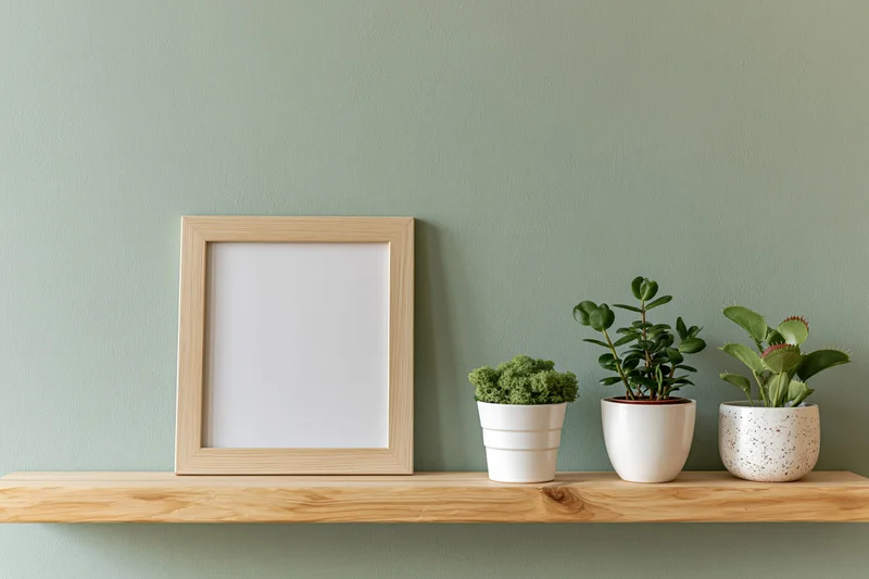 Empty wooden frame and three potted plants arranged on a floating shelf against a sage green wall
