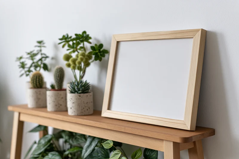 Empty wooden picture frame leaning on a shelf with potted succulents and cacti against a white wall