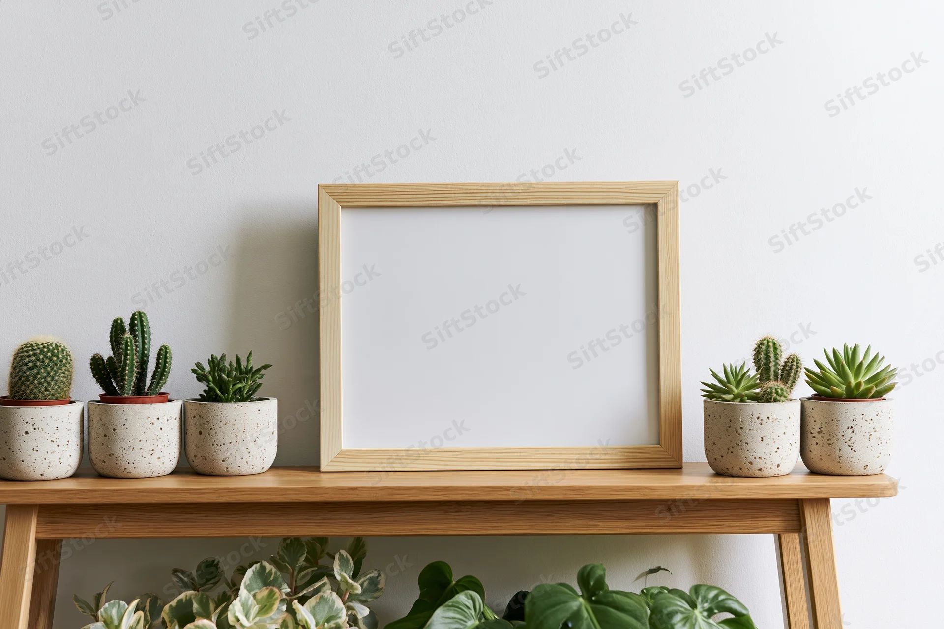 Empty wooden frame on a shelf with potted cacti and succulents against a white wall