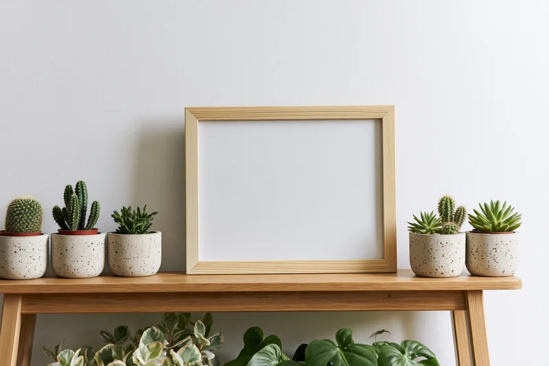 Empty wooden frame on a shelf with potted cacti and succulents against a white wall