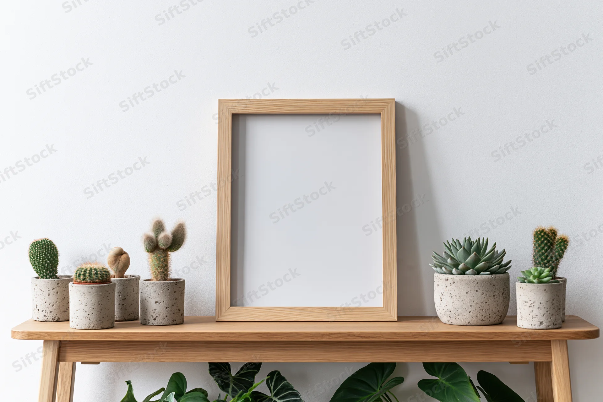 Empty wooden picture frame leaning on a console table with potted cacti and succulents against a white wall