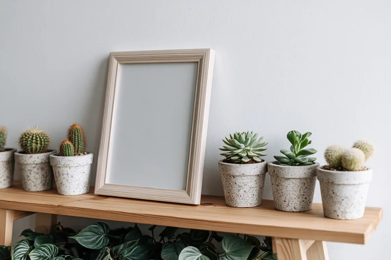 Empty light wood frame leaning on wooden shelf with potted succulents and cacti against white wall