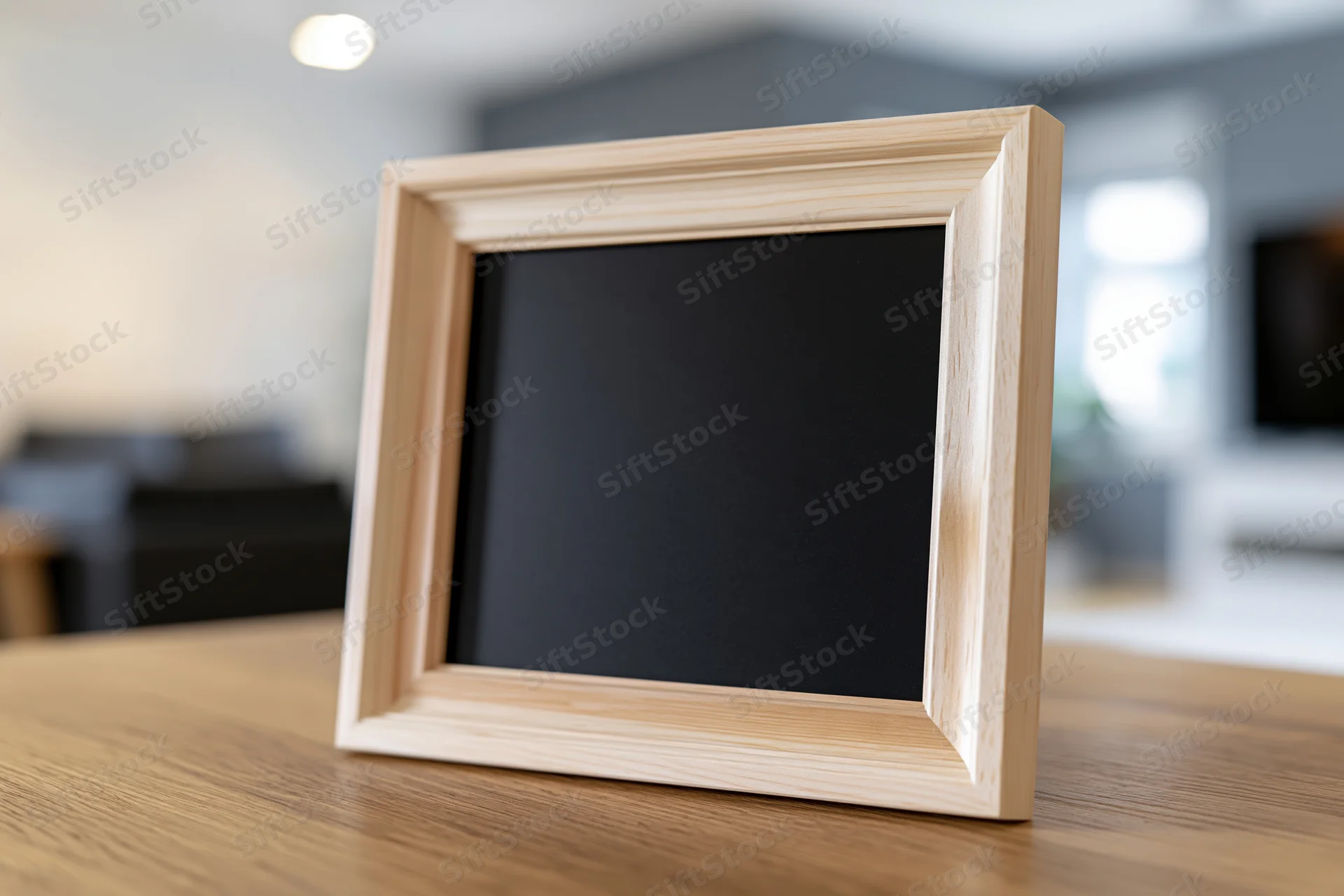 Light wood picture frame with blank black interior on wooden table in living room