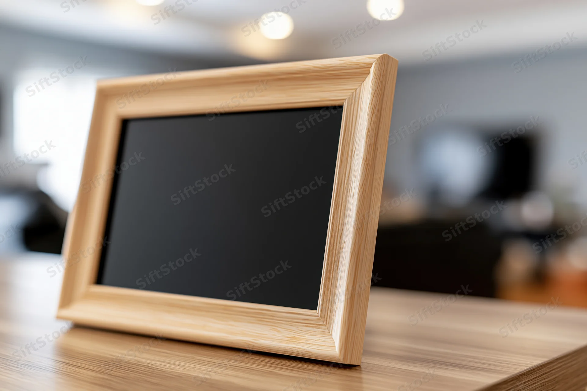 Light wooden picture frame with blank black interior on a wooden table in a modern living room