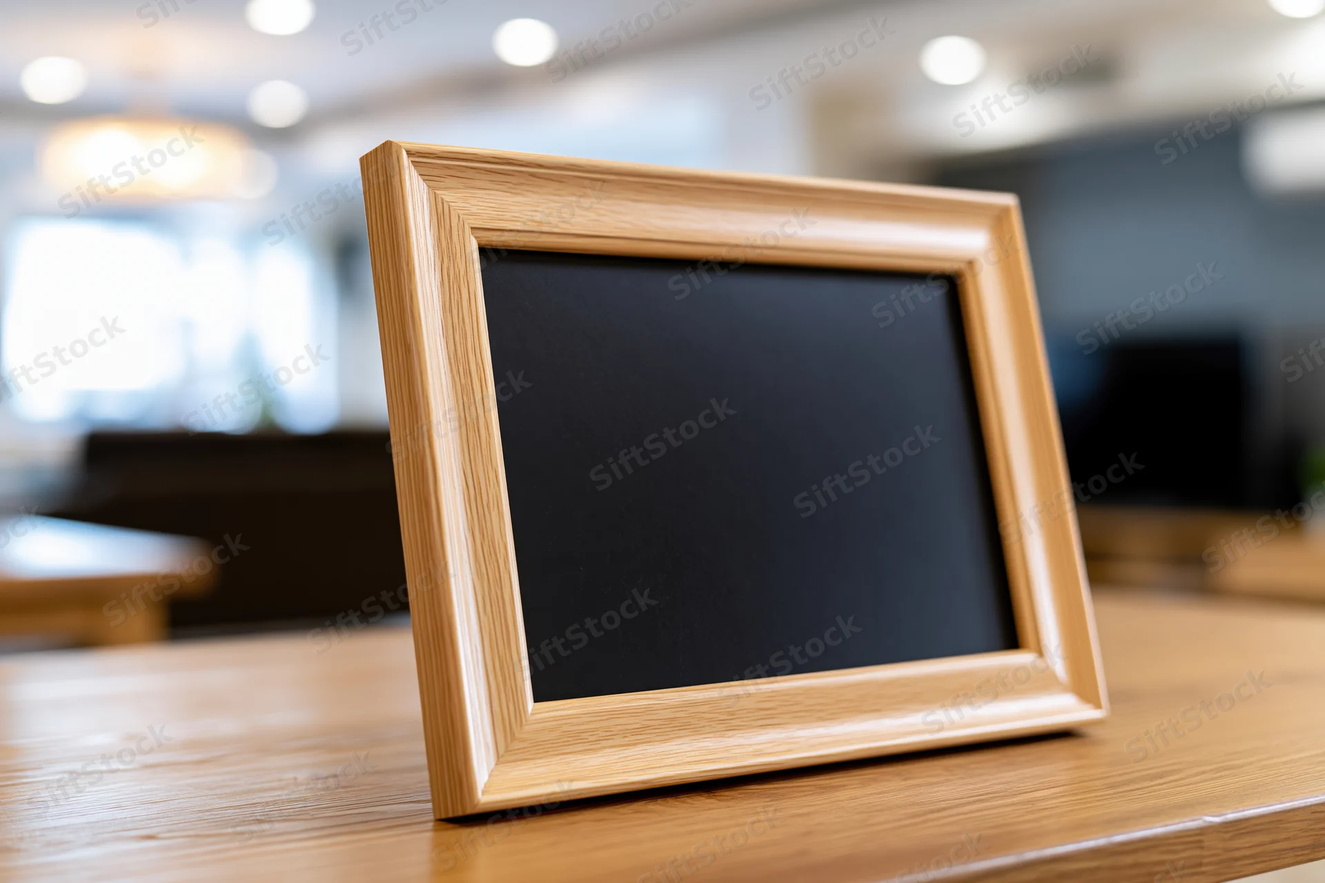 Wooden picture frame with blank black interior on a desk in a living room