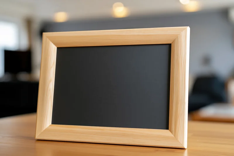 Light wood picture frame with blank black interior on wooden table in living room